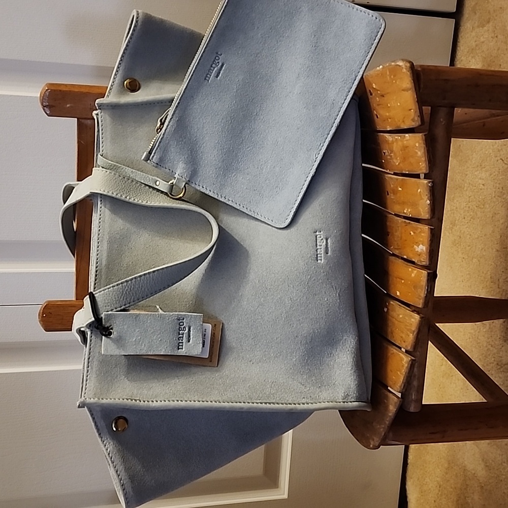 NWT Genuine Leather Suede Margot New York Jamee Double Handle Tote Sage Green